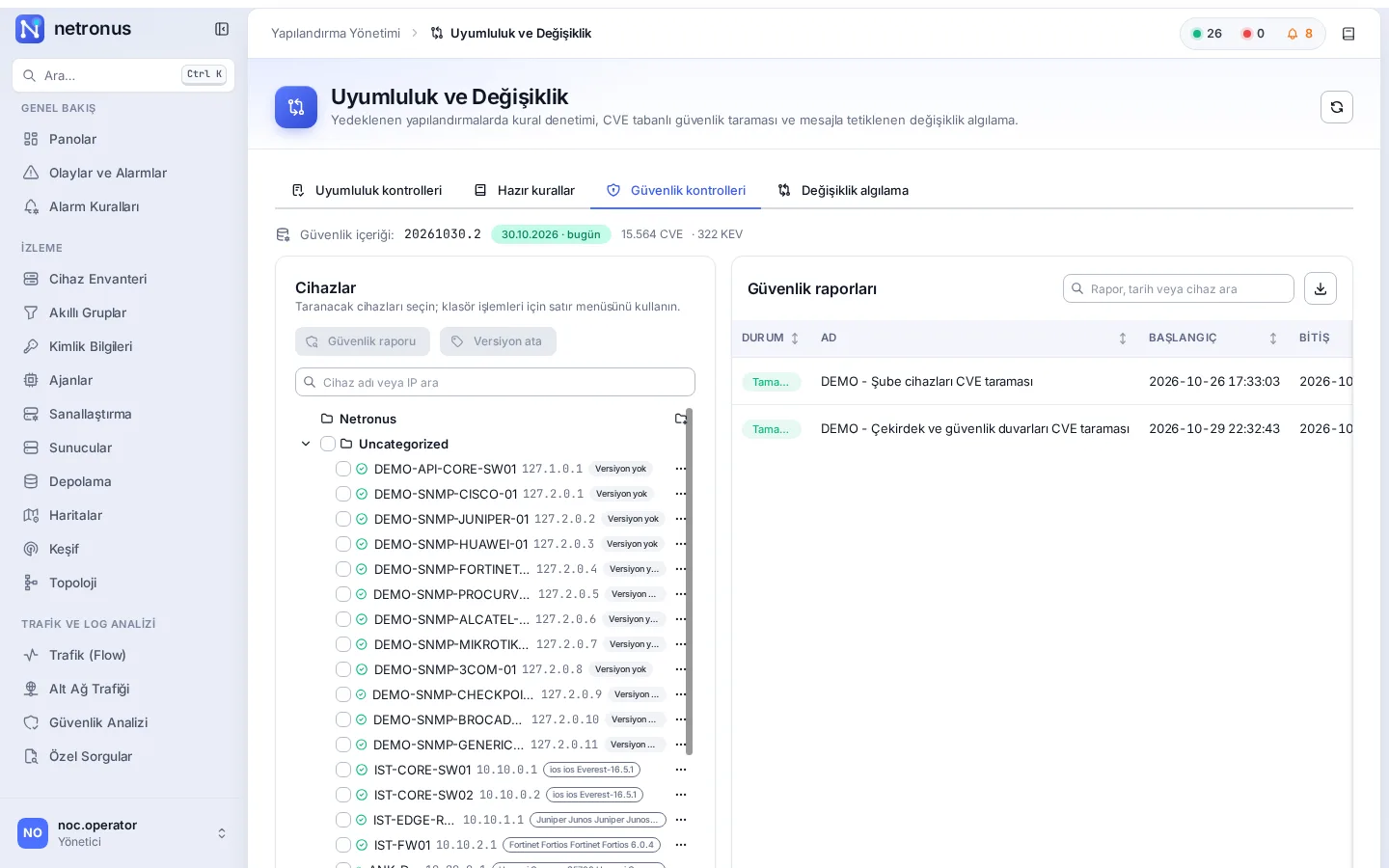 Security checks: content version, CVE and KEV counts, devices to scan