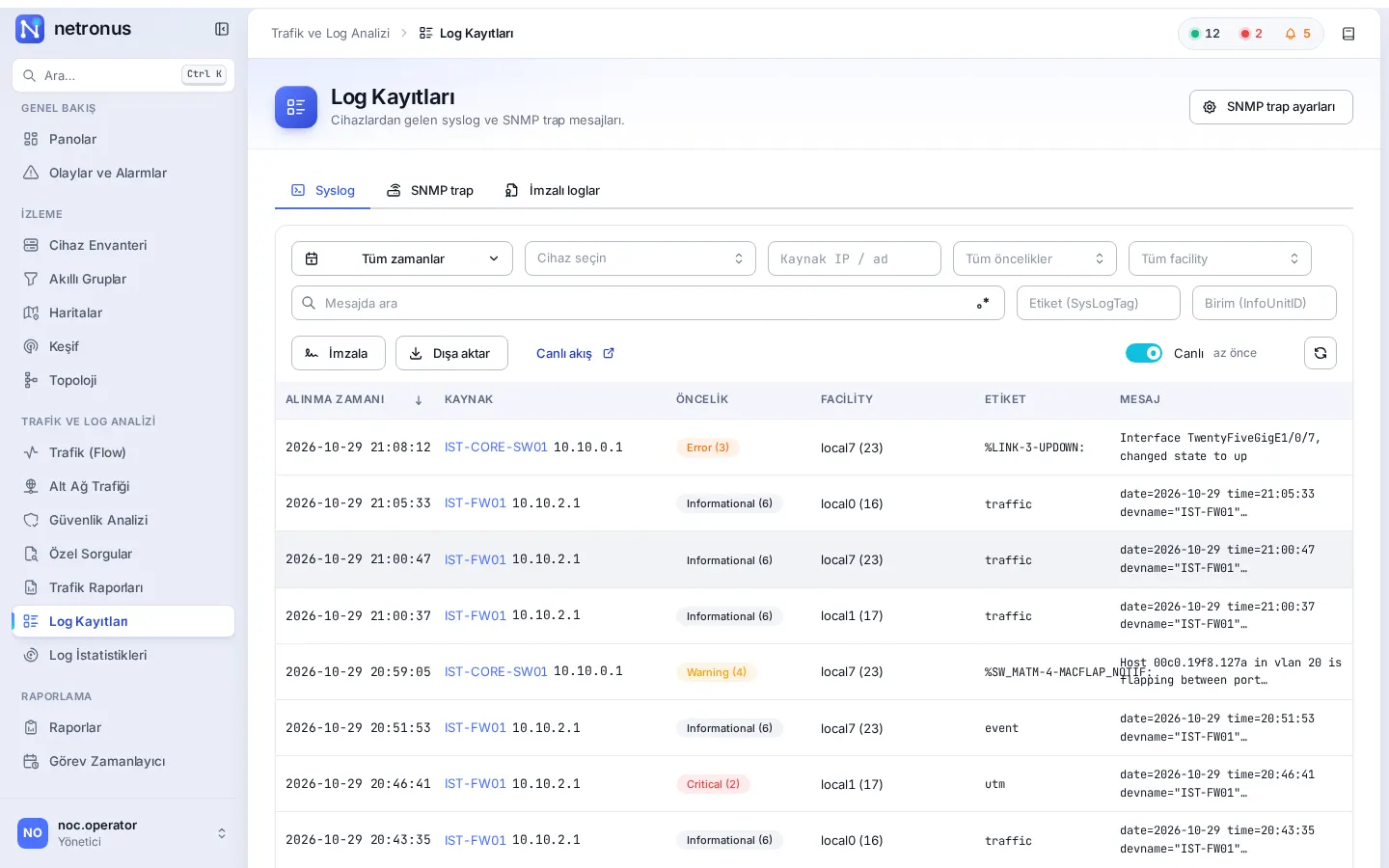 Log Kayıtları: syslog, SNMP trap ve imzalı loglar