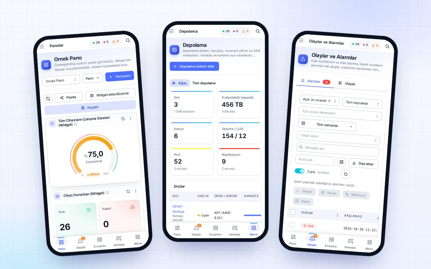 Mobile view: dashboard, storage and events on a phone